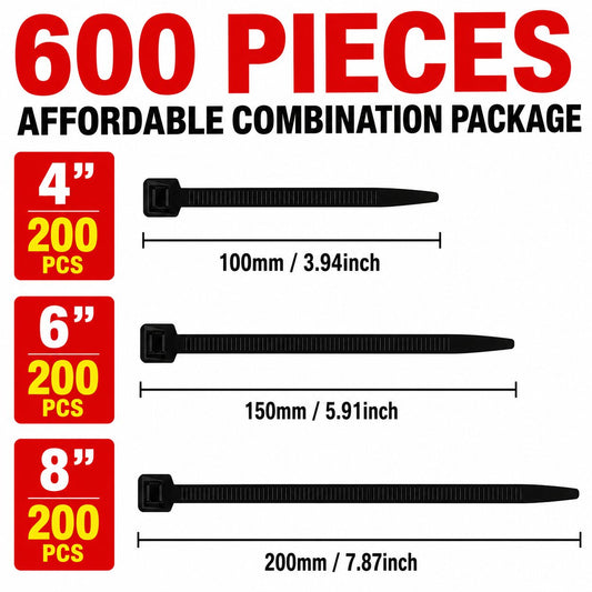 4" 6" 8" 얇은 케이블 타이 600개 + 벨크로 테입