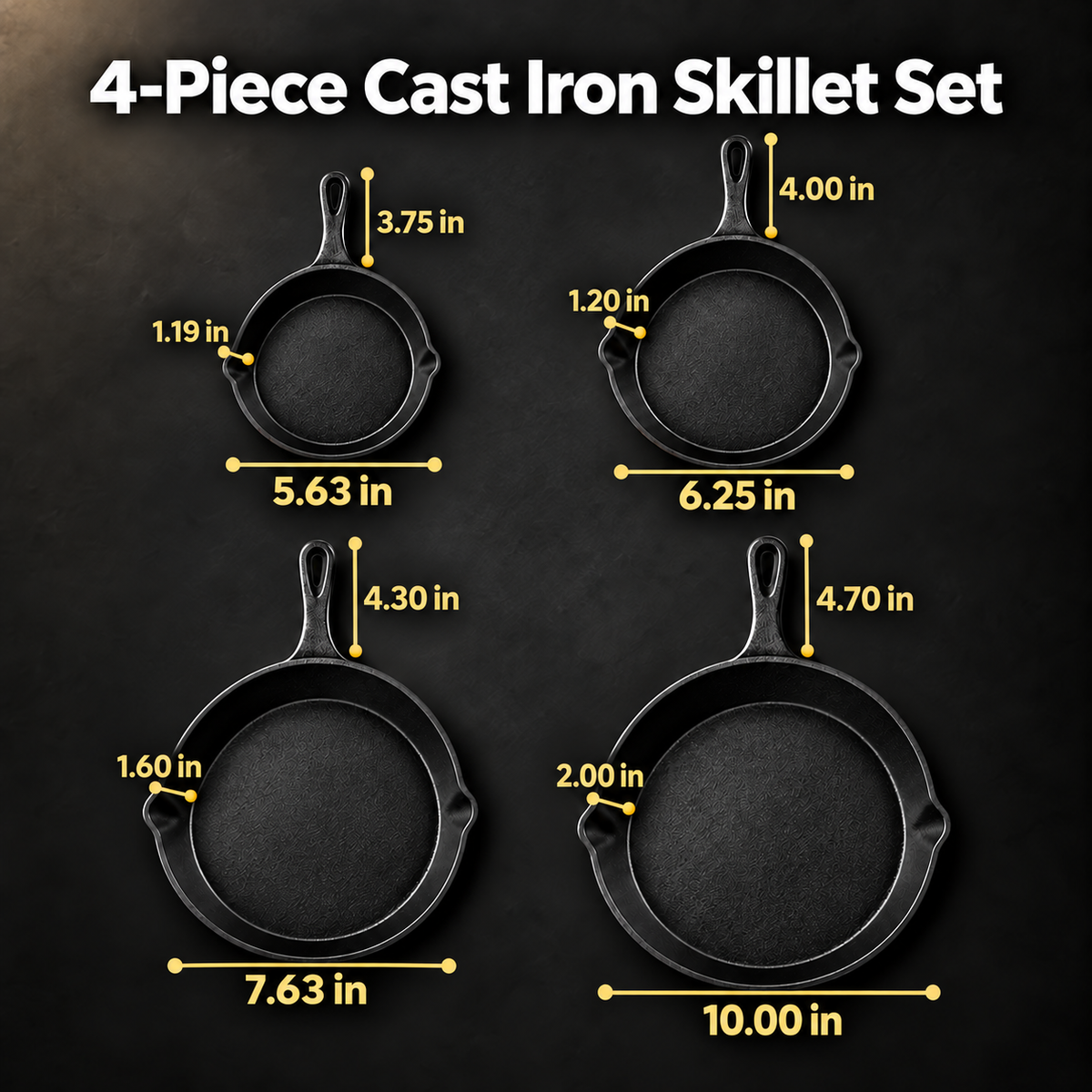 4-Piece Cast Iron Skillet Set - 10" / 7.6" / 6.3" / 5.6" (Pre-Seasoned)