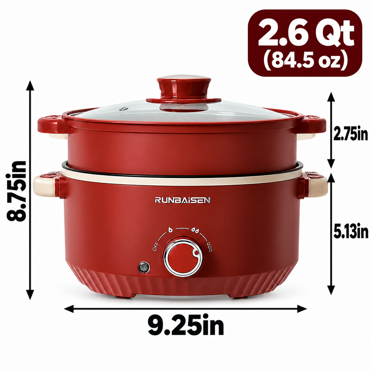 Electric Hot Pot - 2.6 Qt / 84.5 oz (Serves 2-3, Red)