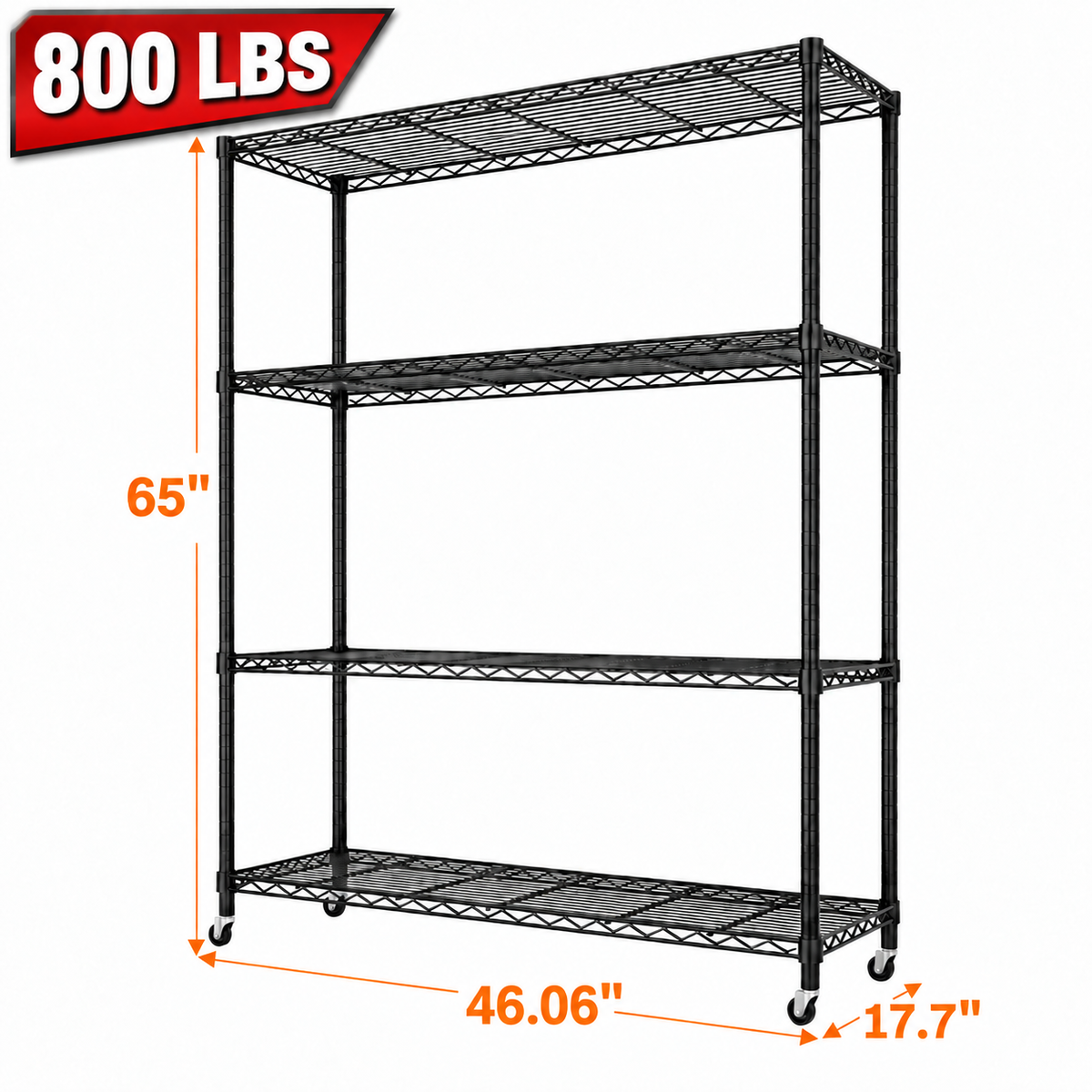 4단 메탈랙 (바퀴 포함) - 46 x 17.7 x 65 in , 최대 하중 800 lbs