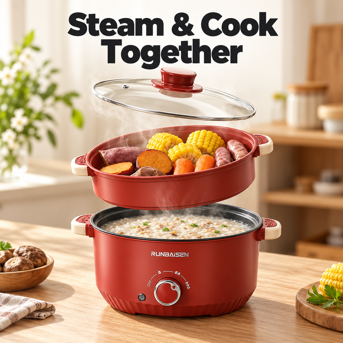 Electric Hot Pot - 2.6 Qt / 84.5 oz (Serves 2-3, Red)