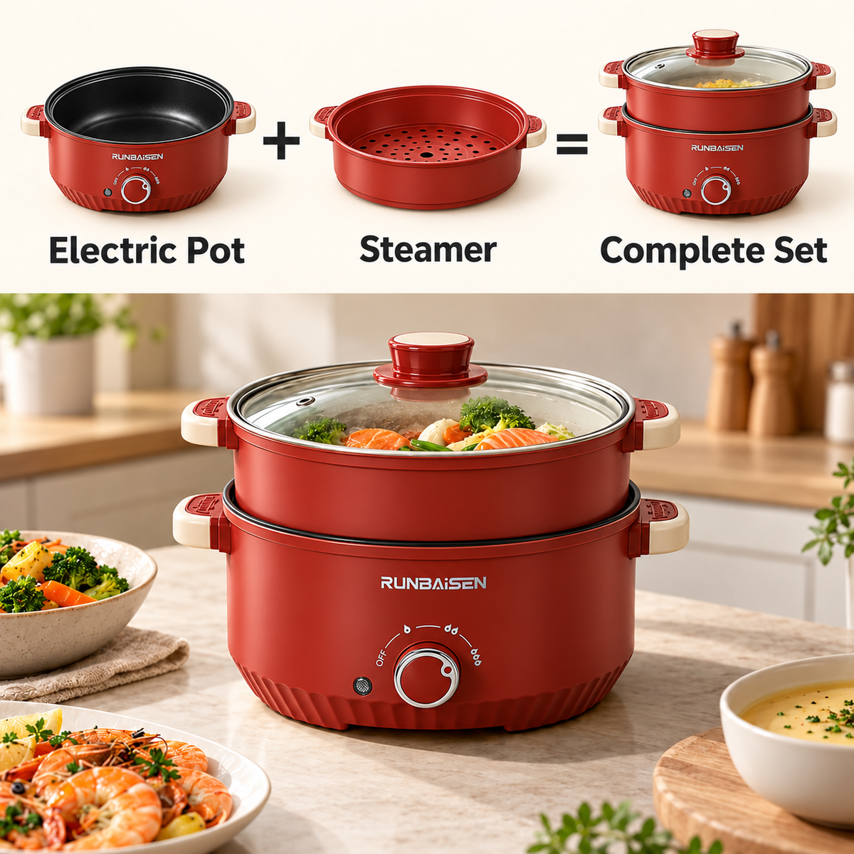 Electric Hot Pot - 2.6 Qt / 84.5 oz (Serves 2-3, Red)