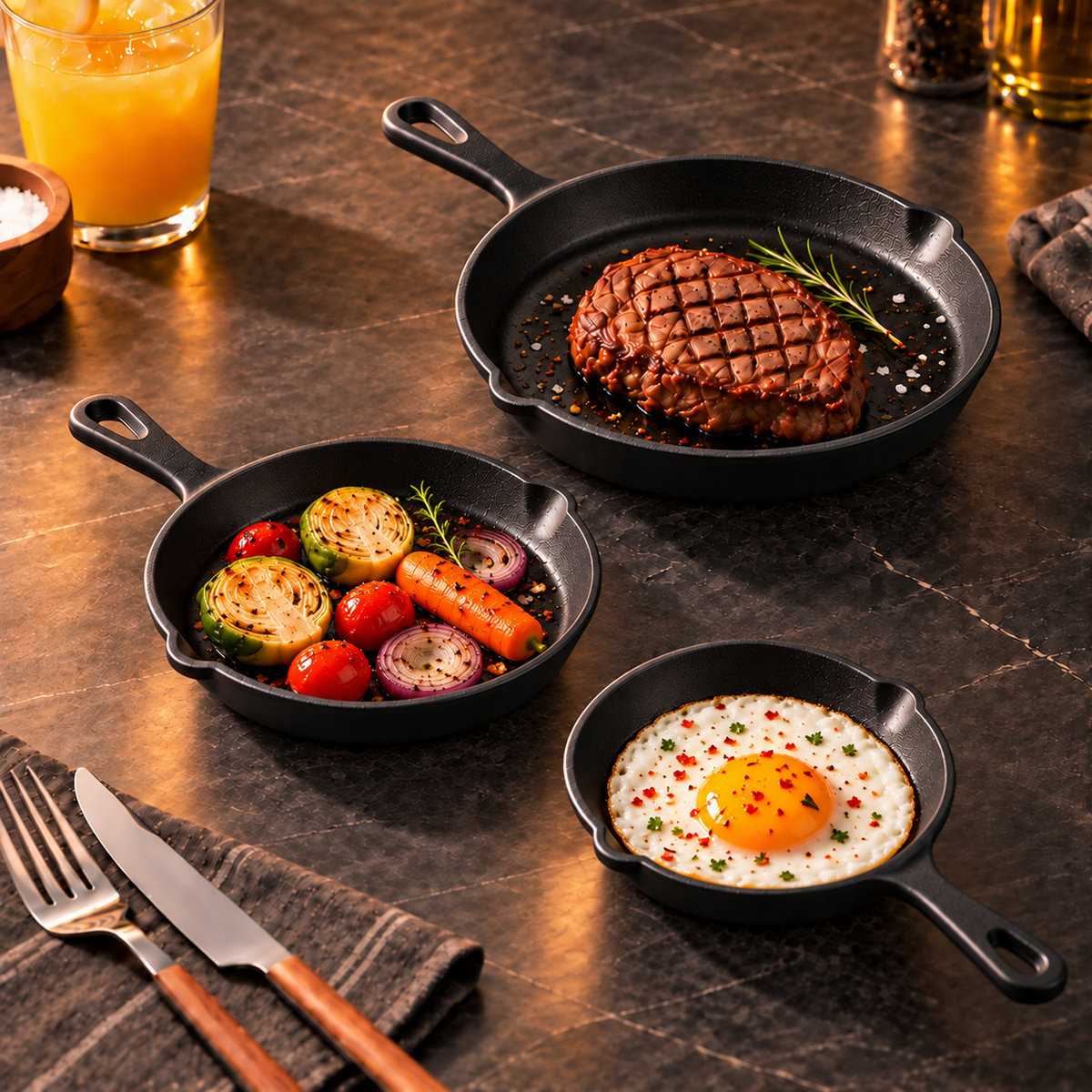 4-Piece Cast Iron Skillet Set - 10" / 7.6" / 6.3" / 5.6" (Pre-Seasoned)