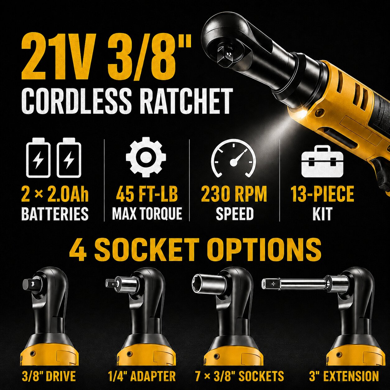 Ratchet Wrench 3/8 45Ft-lbs 21v 2Ah x 2