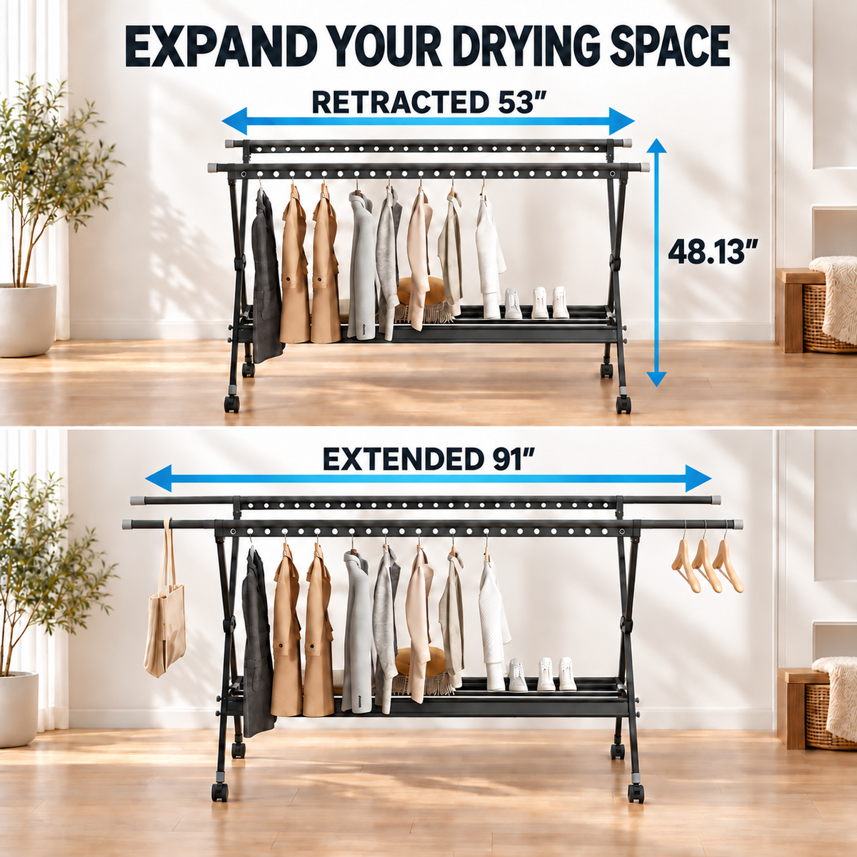 Foldable Rolling Clothes Drying Rack 53 - 91 in
