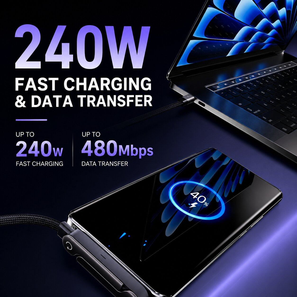  240W Fast Charging Cable with Built-in Phone Stand