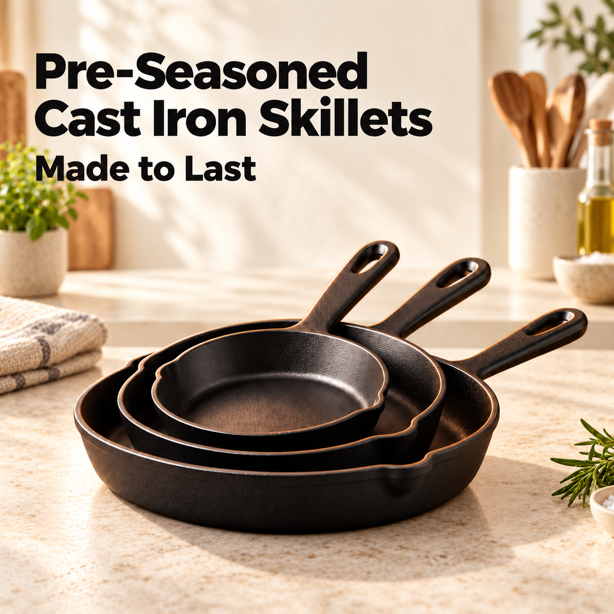 4-Piece Cast Iron Skillet Set - 10" / 7.6" / 6.3" / 5.6" (Pre-Seasoned)
