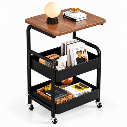Small Rolling Cart with Wood Top - Black