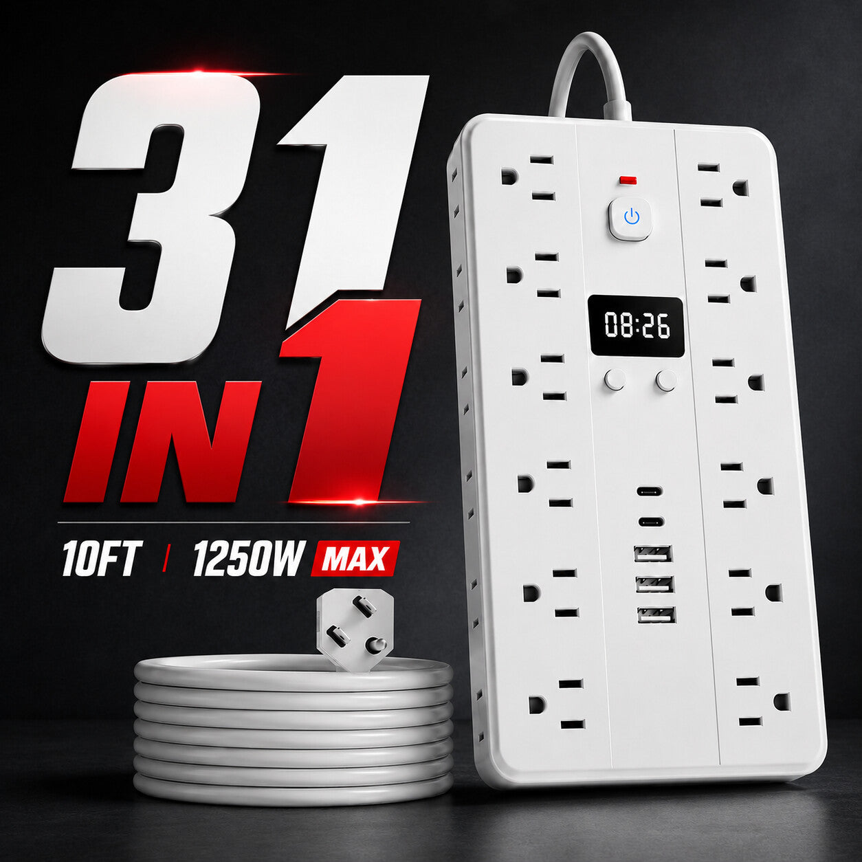 1250W 시계 파워 스트립 - 10FT