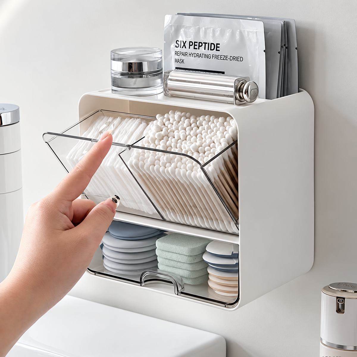 Self-Adhesive Wall Mount Cotton Pad & Q-Tip Organizer with Drawer