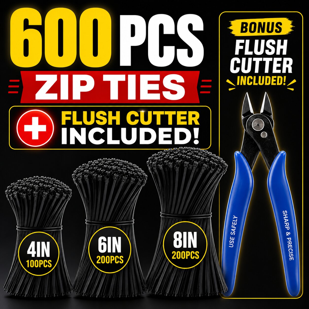 4" 6" 8" Thin Zip Ties 600 Pcs + Cutter