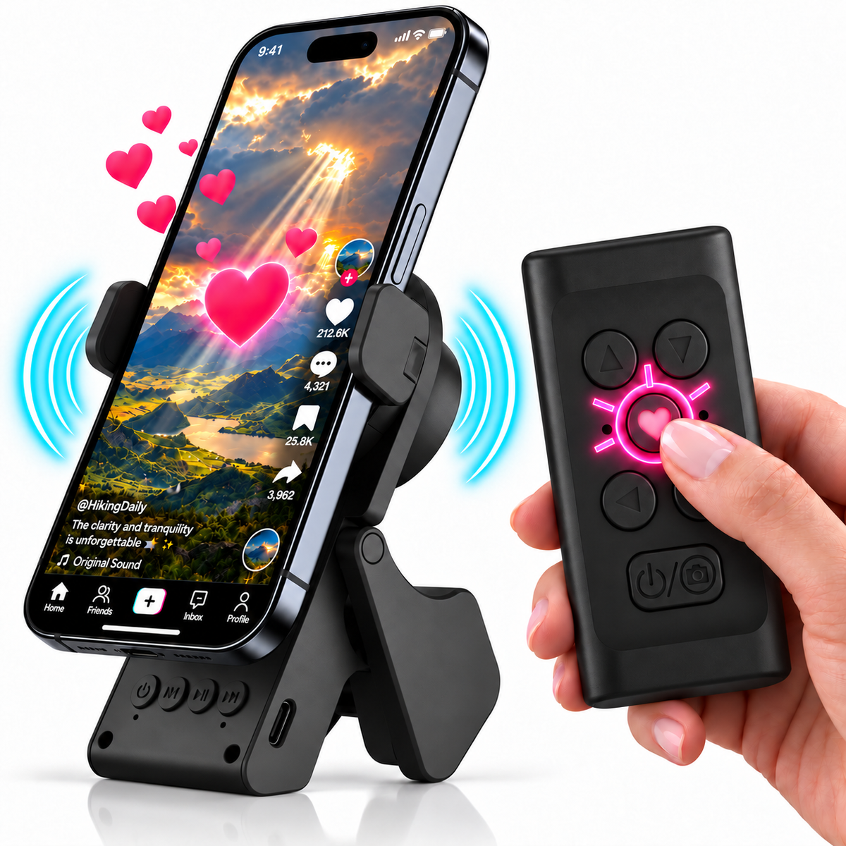 TikTok Remote & 스피커 휴대폰 거치대 - 페이지 터너, 카메라 셔터 (갤럭시 S - 리모컨 비호환)