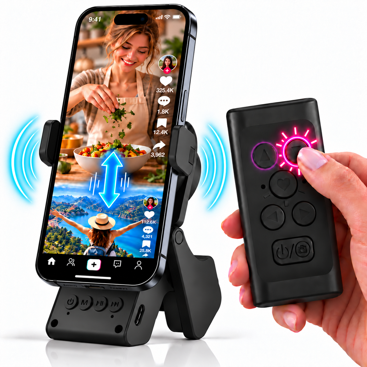 TikTok Remote & 스피커 휴대폰 거치대 - 페이지 터너, 카메라 셔터 (갤럭시 S - 리모컨 비호환)