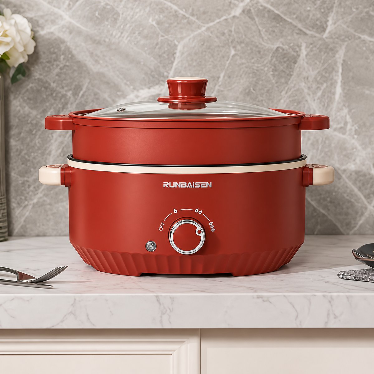 Electric Hot Pot - 2.6 Qt / 84.5 oz (Serves 2-3, Red)